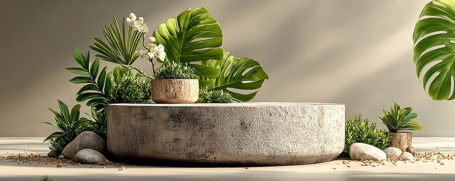 Minimalist stone podium surrounded by green tropical leaves and natural elements