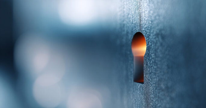 Close-up of a keyhole in a textured metal surface with warm light glowing through, blurred blue background creating a mysterious and intriguing atmosphere