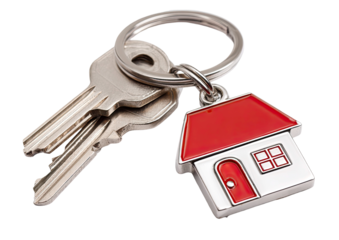 Silver keys with a red house charm isolated on transparent background