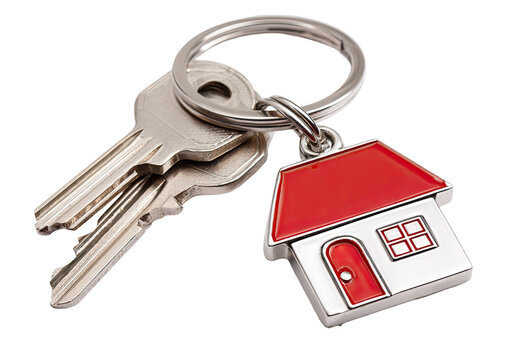 Silver keys with a red house charm isolated on transparent background