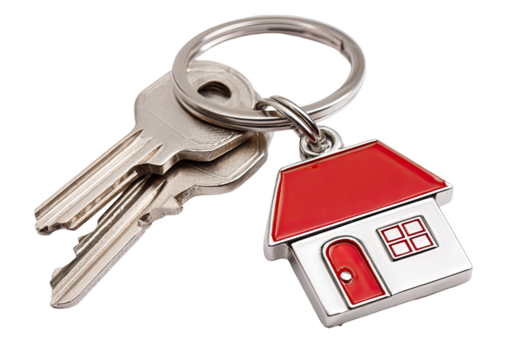 Silver keys with a red house charm isolated on transparent background