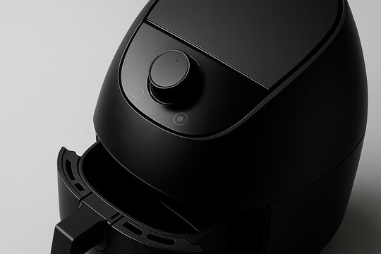 Black air fryer top down diagonal composition showing handle and control panel on white background for kitchen appliance branding and layout themes