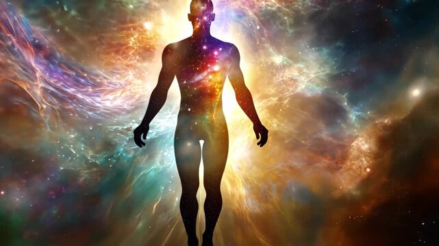 A male figure appears to float amidst a colorful cosmic landscape, highlighting the connection between human consciousness and the universe