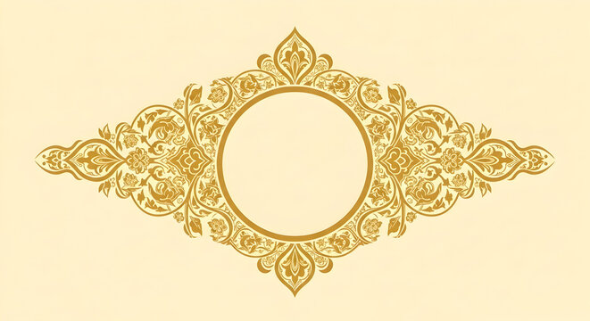 Ornate golden decorative design featuring a central circular space surrounded by intricate floral patterns and embellishments.