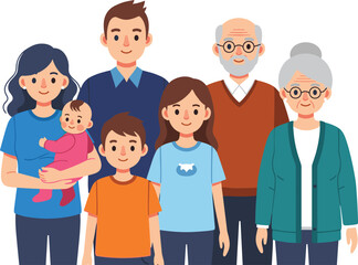 Cartoon multigenerational family illustration with grandparents, parents, children, baby, smiling diverse relatives together showing love, happiness, unity, support, bonding
