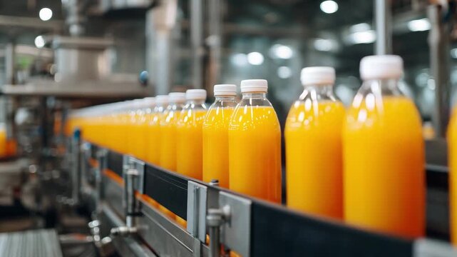 Orange juice bottles move along a production line in a busy factory with advanced equipment during daytime operations