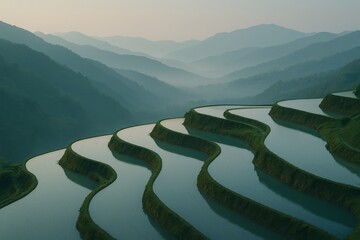 Layered terrace fields in misty mountains