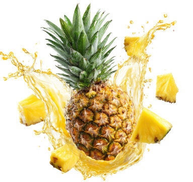 Exploding pineapple with juice splash vibrant fruit design on transparent background