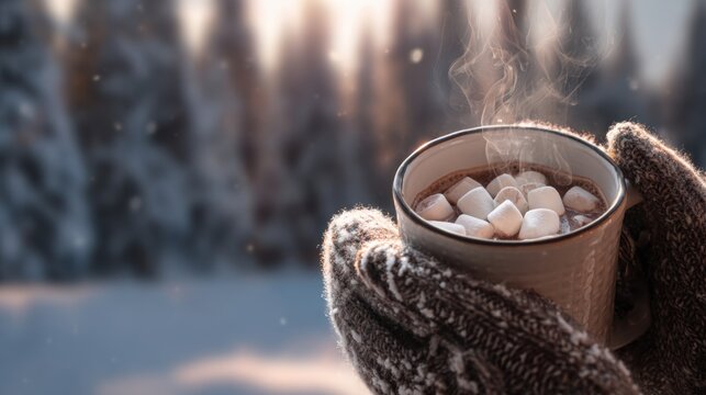 close up of hands holding steaming hot chocolate with marshmallows, snowy forest in soft blur behind, cozy warm light contrasting chilly air, knitted
