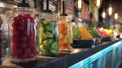 Commercial Fruit Smoothie Bar Display, colorful smoothie jars, fresh fruit slices, clean modern cafГгВ environment, bright soft lighting, ultra