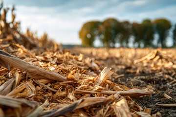 Chopped corn stover lies on dry soil in a harvest field, highlighting its potential as an alternative biofuel source for sustainable energy