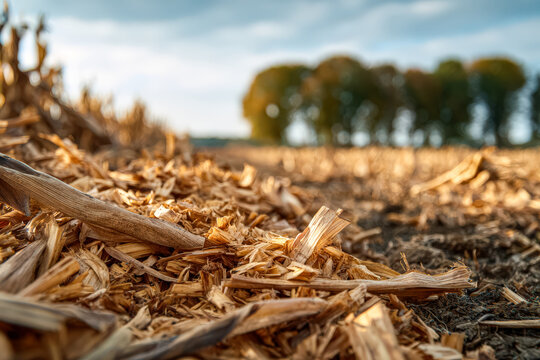 Chopped corn stover lies on dry soil in a harvest field, highlighting its potential as an alternative biofuel source for sustainable energy