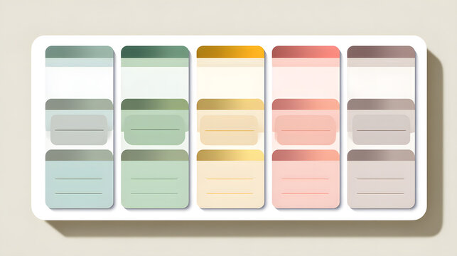 Flat vector weekly planner with soft neutral colors, smooth rounded boxes, calming minimalist aesthetic, organized grid layout, subtle shadows, satisfying symmetry, white background. - Powered by Adobe