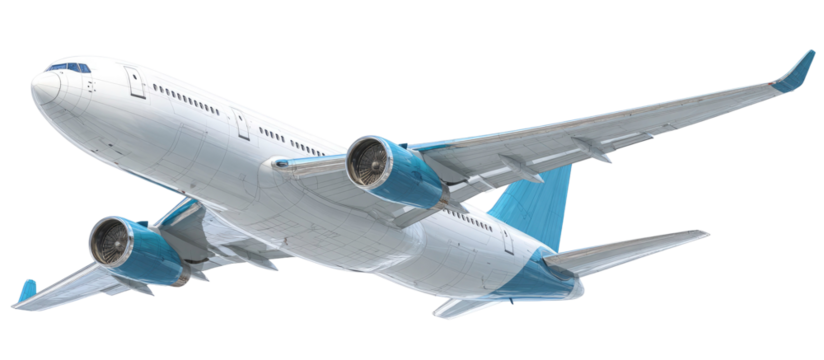 Detailed airplane illustration with visible engines and wings on transparent background