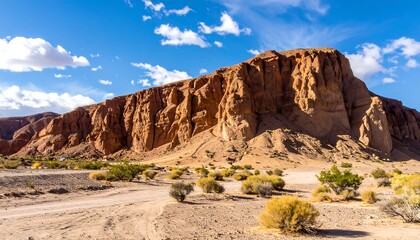 Striking Desert Landscape with Towering Red Rock Formations and Blue Sky.