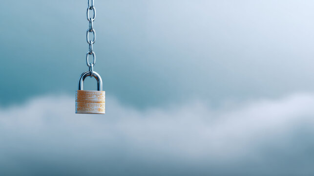 Rusty padlock hanging from a metal chain against a blurred cloudy sky background symbolizing security and protection