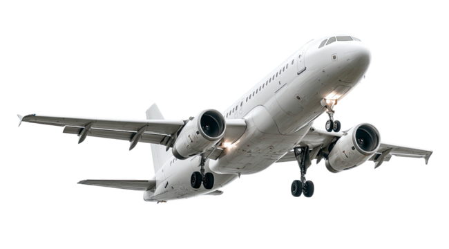 Detailed rendering of a passenger airplane taking off on transparent background