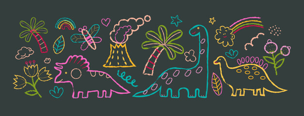 WebBright outline neon dinosaur set in a doodle style. Cute dinosaurs with volcano trees stars and rainbow on a dark background. Fun prehistoric creatures ideal for childrens art and design projects. © Liusia Voloshka