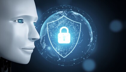 AI-Powered Cyber Shield: An advanced artificial intelligence stands vigilantly beside a glowing security shield.