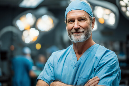 Portrait of senior male surgeon in scrubs standing confidently in operating room, professional expression, hospital environment. - Powered by Adobe