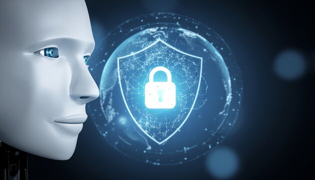 AI-Powered Cyber Shield: An advanced artificial intelligence stands vigilantly beside a glowing security shield.