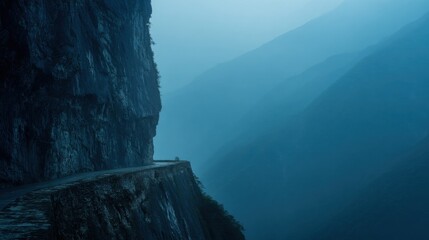 dramatic mountain cliff road carved into the rock, deep abyss on one side, massive mountains rising on the other, moody blue tones, atmospheric haze
