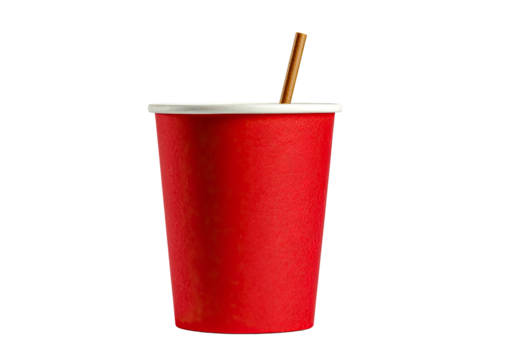 Red paper cup with straw isolated and ready for use on transparent background