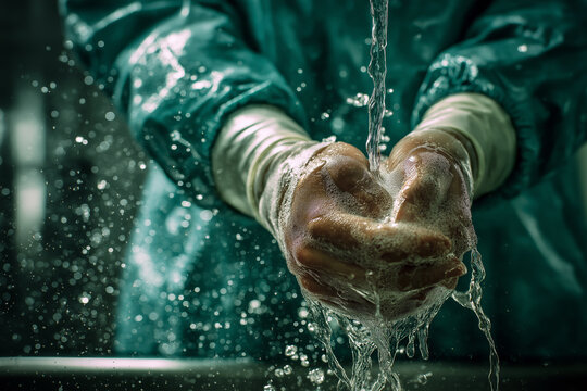 Surgeon washing hands before operation, focus on hygiene and preparation, flowing water and soap foam.