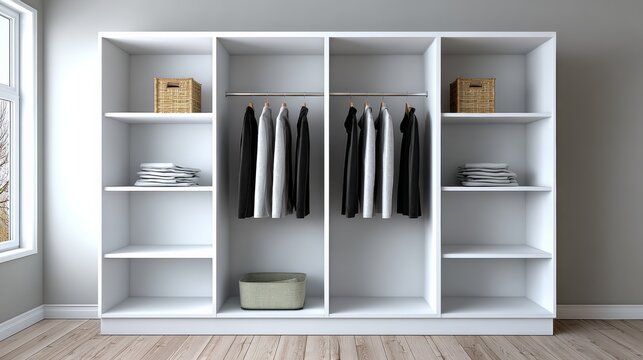 A white closet with four shelves and a hanging rack. The closet is empty and has a basket on the floor