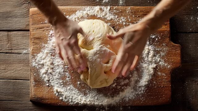 Professional baker kneading fresh dough on a wooden board
