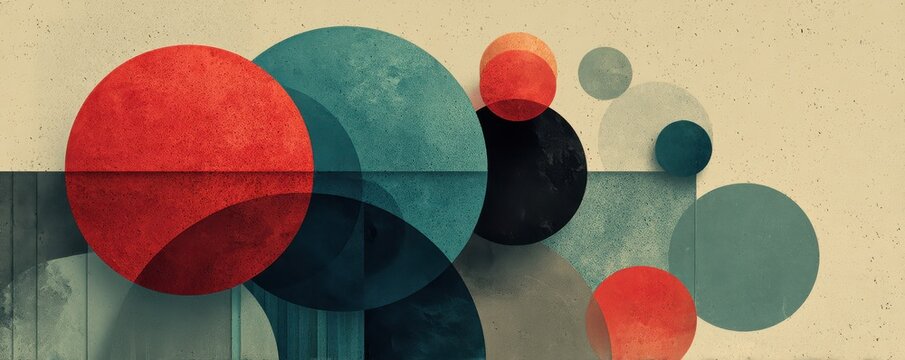 Abstract composition with colorful circles in textured geometric patterns