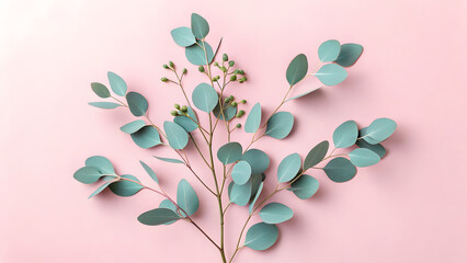 Fresh eucalyptus branch on soft pink background in minimal natural composition
