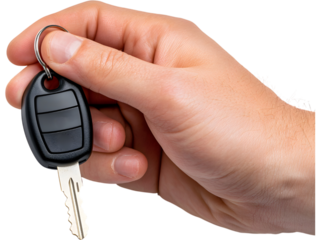 Hand holding car key isolated on transparent background. Perfect for driving, rental, and automotive design.