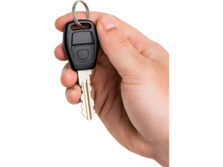 Hand holding car key isolated on transparent background. Perfect for driving, rental, and automotive design.