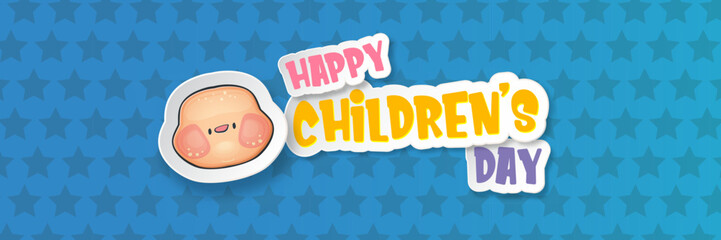 November 20th world childrens day cartoon horizontal banner background with cute boy face isolated on blue background. Vector happy childrens day poster concept with funny cartoon smiling child