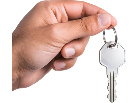 Hand holding car key isolated on transparent background. Perfect for driving, rental, and automotive design.