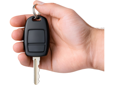Hand holding car key isolated on transparent background. Perfect for driving, rental, and automotive design.