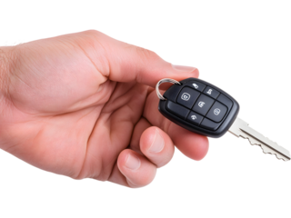 Close-up of hand holding car key isolated on transparent background. Ideal for rental, dealership, and driving design.