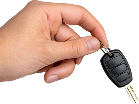 Hand holding car key isolated on transparent background. Perfect for driving, car rental, and automotive business design.