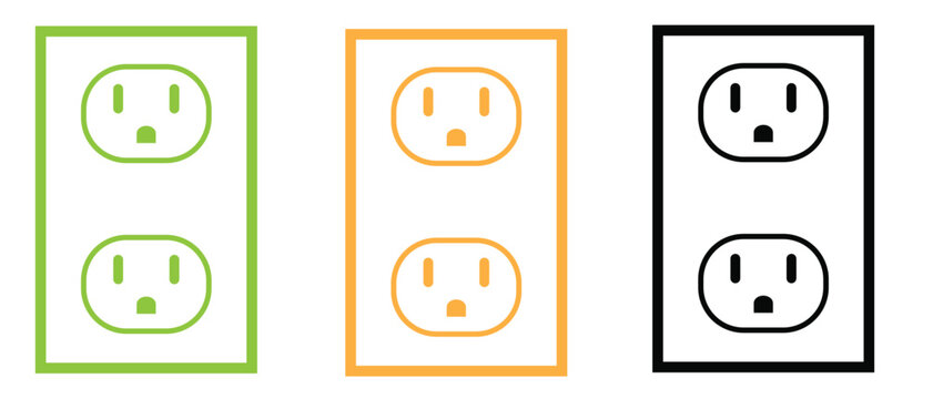 Vector electric outlet icons set, simple line art socket symbol collection, modern electrical power plug point illustration design for utility and safety signs.