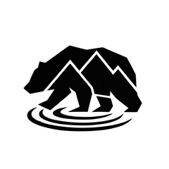 Mountain and house vector illustrations with a nautical logo featuring a boat, sea, ship, sail, and sun symbols for summer travel design