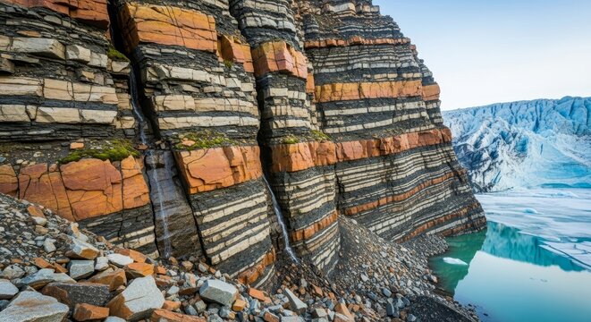 A layered rock face abuts an icy glacier lake showing clear sedimentary bands rubble at its base under a bright sky