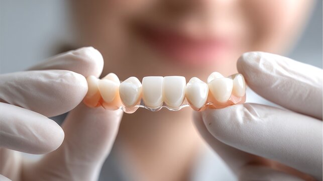 Dentist shows ceramic dental bridge and prosthetic teeth in clinic