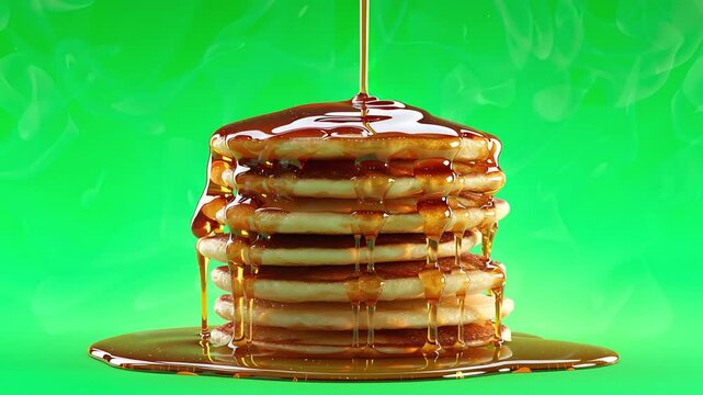 Golden Pancake Cascade: A towering stack of fluffy pancakes is doused in a generous stream of rich, golden syrup, against a vibrant backdrop, inviting indulgence and evoking warmth.