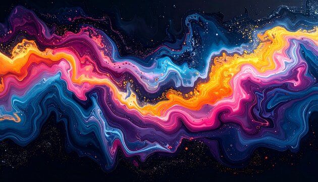 Abstract, wavy, fluid art with vibrant colors pink, orange, blue, purple, mimicking a nebula