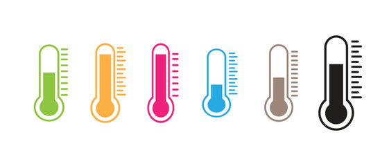 Colorful thermometer vector set with temperature scale icons, graphic design elements, isolated symbols for weather, climate, heat, cold, and measurement.