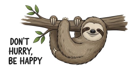 Naklejka premium A cute, smiling sloth hanging lazily from a tree branch with a motivational quote about patience and happiness in a playful illustration style