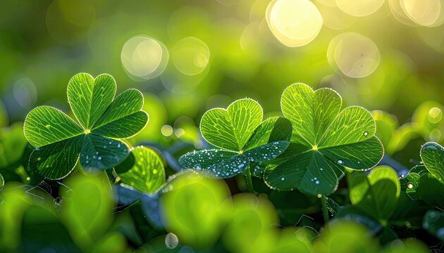 Three vibrant green clover leaves with visible veins and tiny water droplets are in sharp focus, set against a soft, blurred background of green foliage and gol