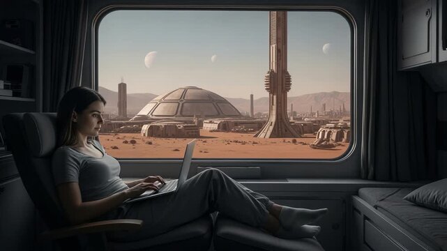 Individual engaging with technology amid celestial surroundings