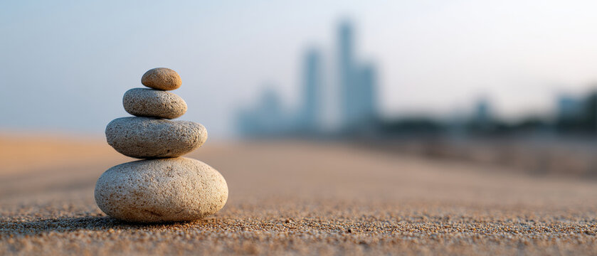Stack of smooth balanced stones on sandy beach with blurred city skyline in background during daytime